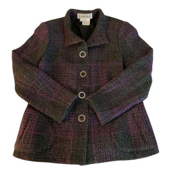 Carlisle Jacket Tweed Wool Blend Button Snap Front Black Pink Grey Weave Size 14 - Picture 10 of 12